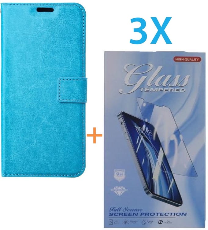 Bookcase Geschikt voor: Apple iPhone 16 Plus - Turquoise - portemonnee hoesje - + 3X Tempered Glass Screenprotector