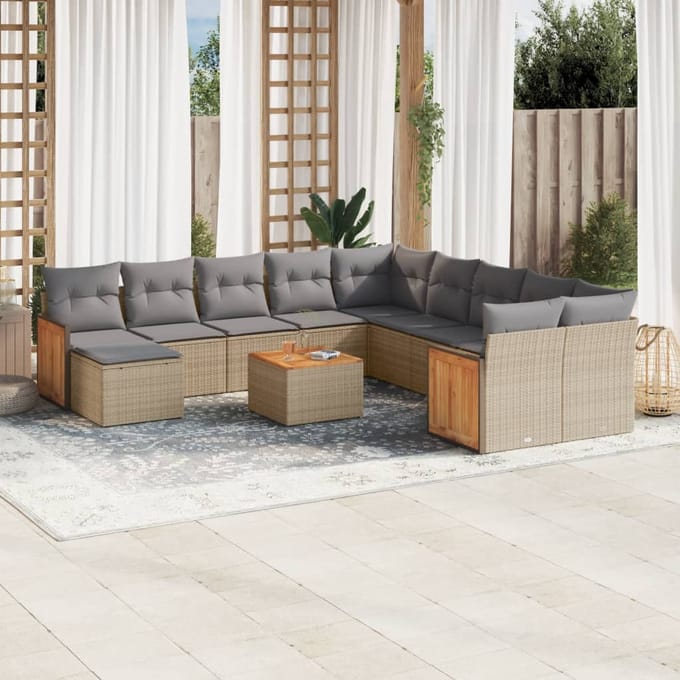 vidaXL - 12-delige - Loungeset - met - kussens - poly - rattan - beige