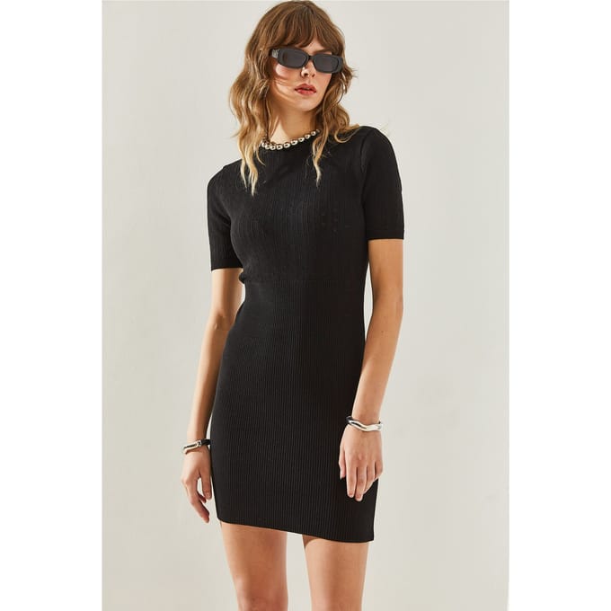 Slim Fit Brei Midi Jurk met Ronde Hals