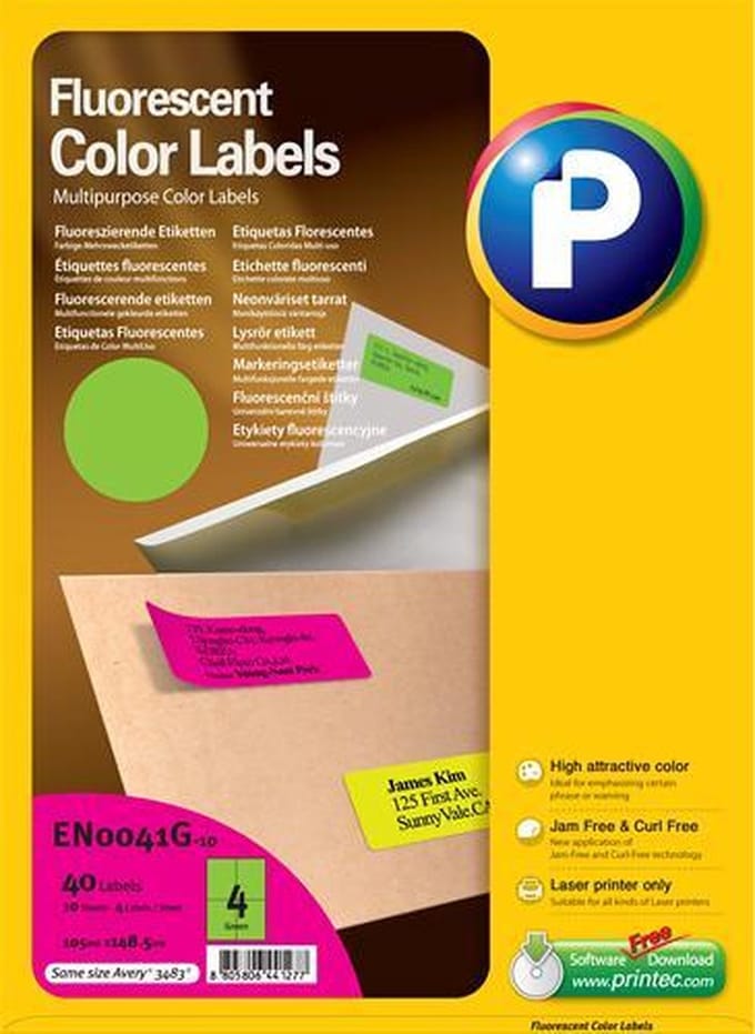 Printec Fluoriscerend Neon Groen Etiketten - 10 Vel - 105x148.5mm - 4 Labels per A4 - 40 Stickers