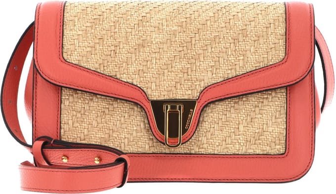 COCCINELLE Schoudertas Marvin Twist Rafia Handbag Natural / Geranium Beige Koraalrood