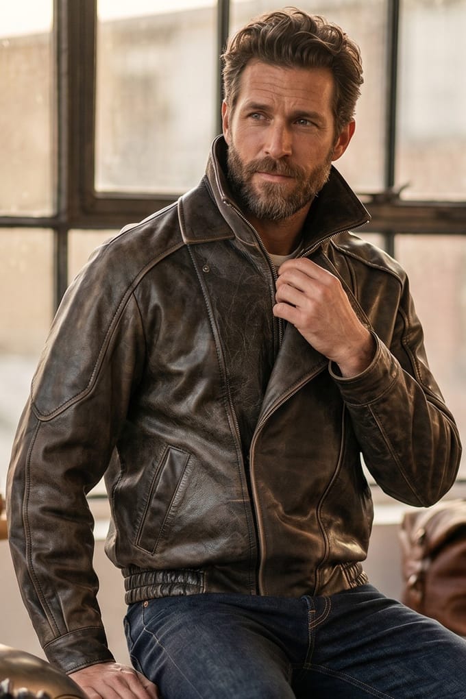 Heren Bruine Cow Leather Biker Blouson Jas - Bomber