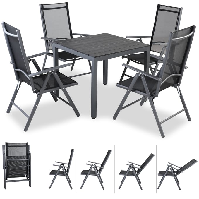 Tuinset 4 + 1 Klapstoelen Tuintafel – Aluminium 80x80cm - Grijs
