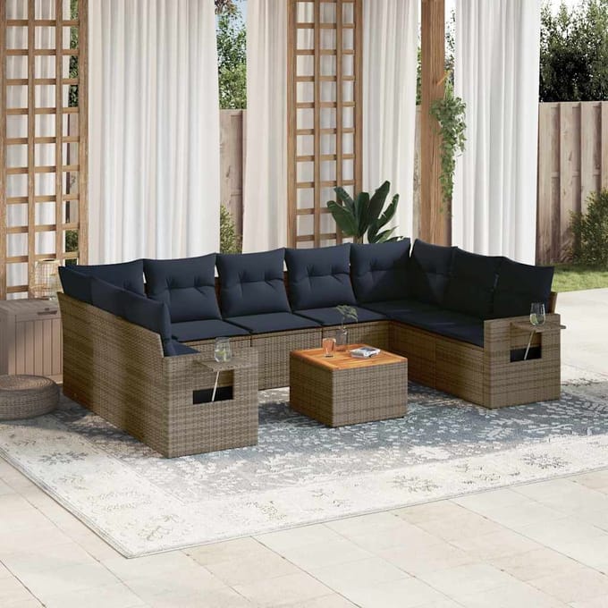 vidaXL - 10-delige - tuinbankset - met - kussens, - grijs - polyrotan