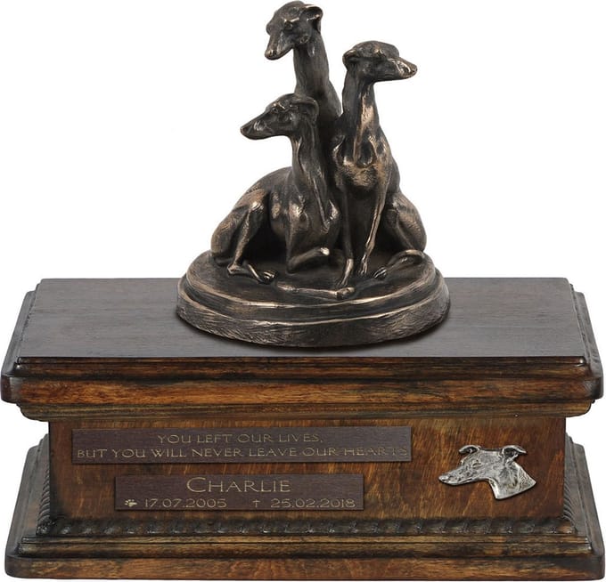 Persoonlijke urn voor whippet-hond, houten urn met beeldje