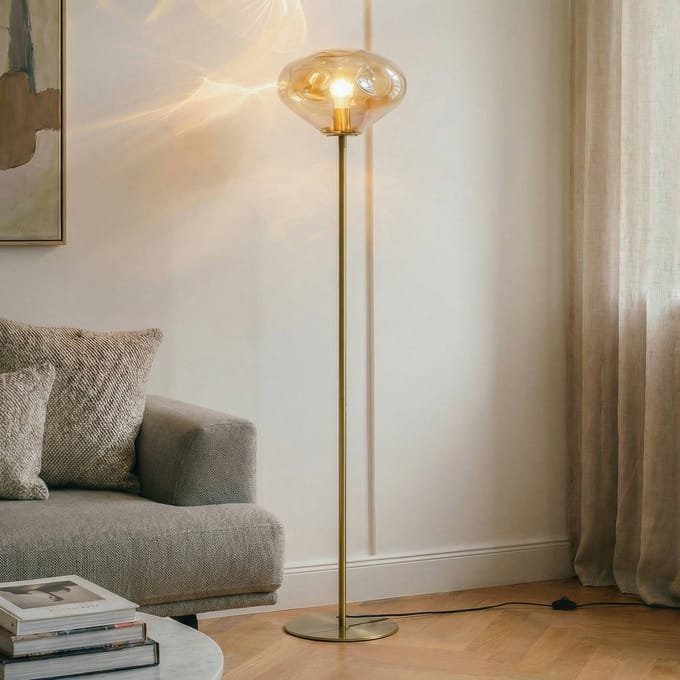 Lindby - vloerlamp - 1licht - Glas, ijzer - H: 150 cm - E27 - amber, messing