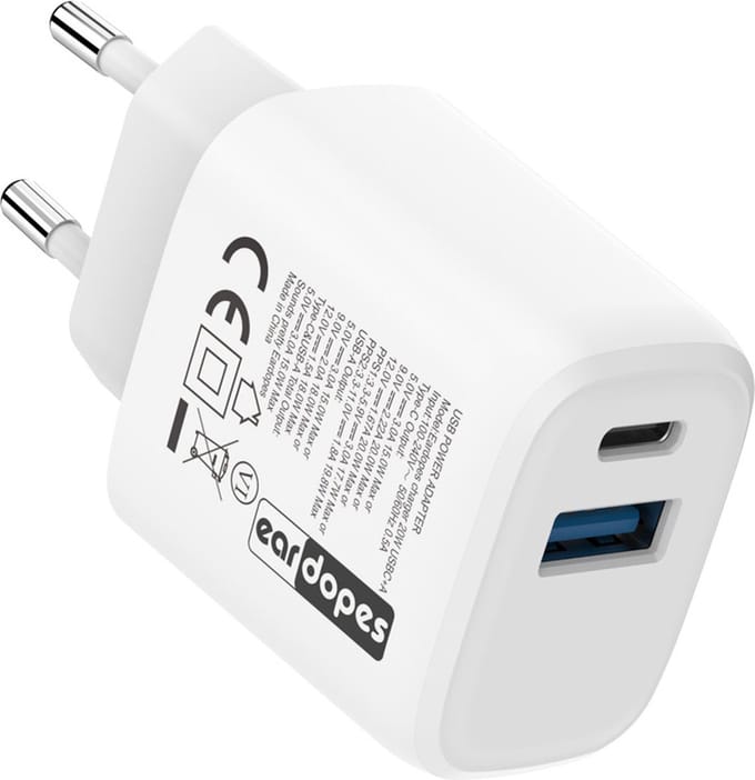 Oplader adapter - USB C en USB A - 20W - Snellader met dubbele aansluiting - Eardopes