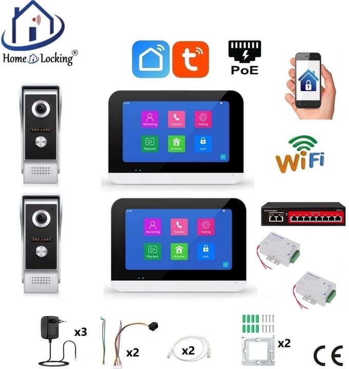 Smart WIFI deur intercom/videofoon 2 videodeurbellen en 2 touchscreens. T-2301V-2-2