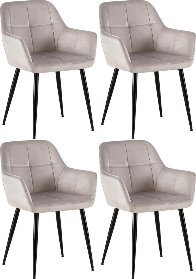 CLP Emia Set van 4 eetkamerstoelen - Met armleuning - Velvet - Fluweel - licht grijs Fluweel