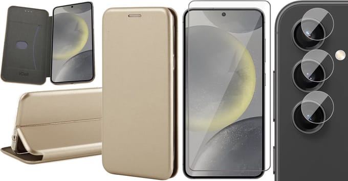 Hoesje geschikt voor Samsung Galaxy S24 Plus - Screenprotector Glas & Camera - Wallet Book Case Goud