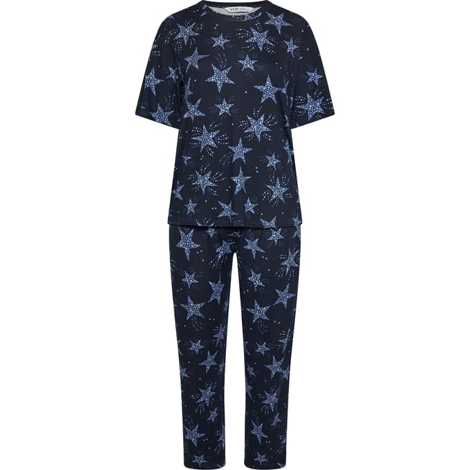 Yours Marineblauwe Zacht Aanvoelende Pyjamaset Met Sterren En Wijde Pijpen Size 62-64