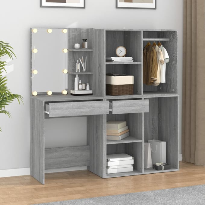 vidaXL - Kaptafel - met - kastjes - LED - bewerkt - hout - grijs - sonoma - eiken