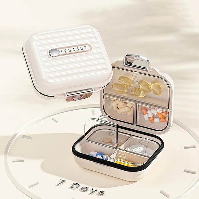 Mini pilulier portable à 7 compartiments pour médicaments hebdomadaires, organisateur de stockage de vitamines, comprimés de voyage, boîte scellée, étui à pilules violet
