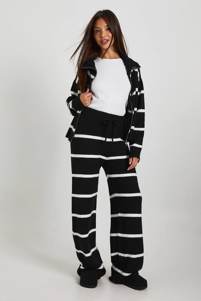 boohoo Dames Gestreepte gebreide broek met wijde pijpen | Mono | Maat: Medium