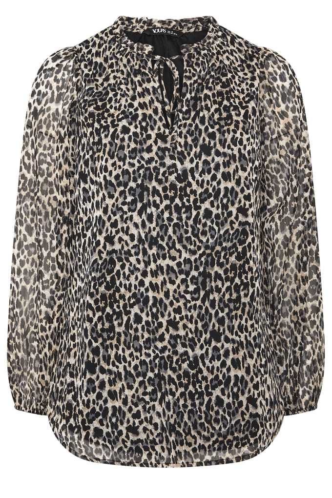 Yours Curve Zwarte Blouse Met Ruchekraag En Luipaardprint Size 46