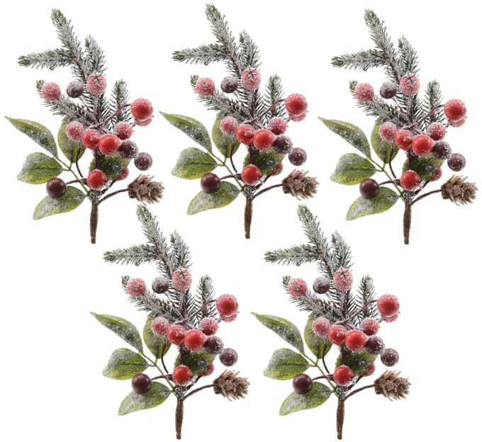 Kerststukje instekertjes - 5x - bessen/sneeuw - groen/rood - 20 cm