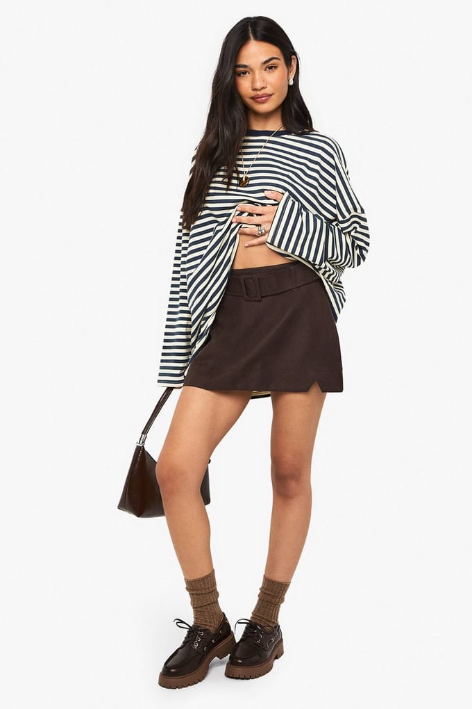 boohoo Dames Minirok met ceintuur en textuur | Chocoladebruin | Maat: 40