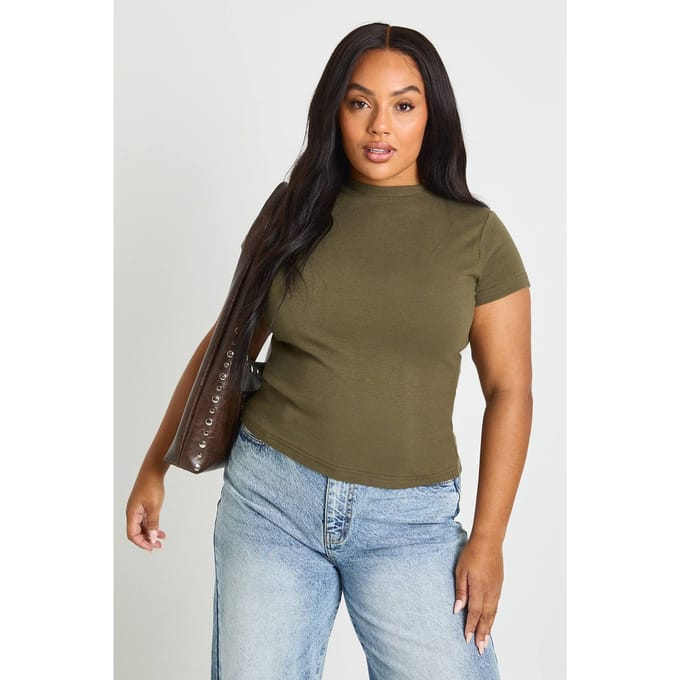 boohoo Dames Plus Rib Getailleerde Top met Korte Mouwen | Kaki | Maat: 44