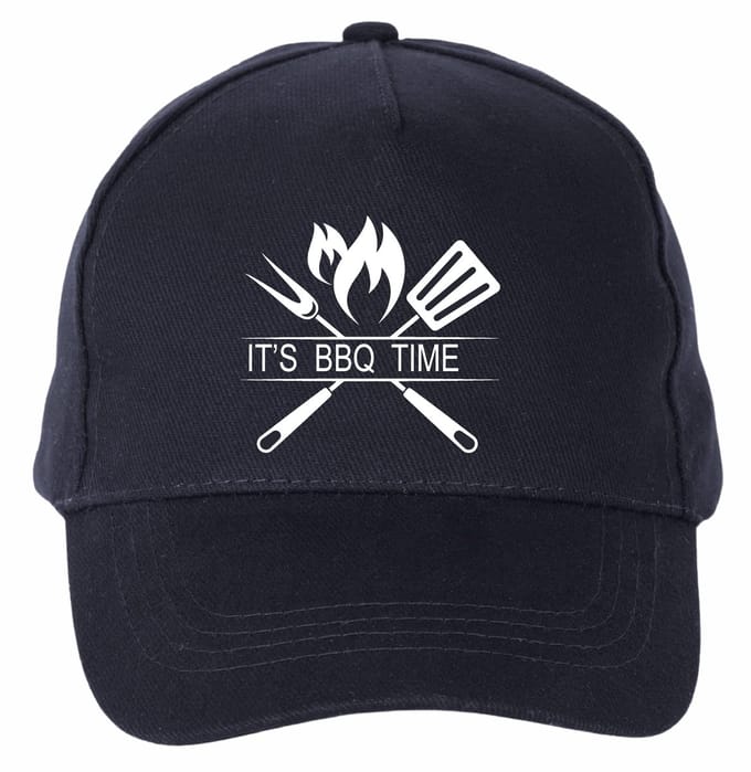 Mijncadeautje - 5 panel - BBQ Cap - Verstelbaar - Pet van 100% dik geborsteld katoen- unisex - opdruk wit - It's BBQ Time - Navy Blauw