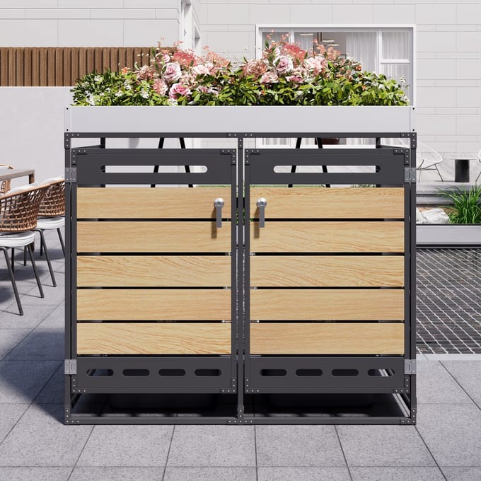 REDOM Afvalbakberging - Met Plantenbak - 2 Vakken - Geventileerd - Tuin - IJzer - Zwart