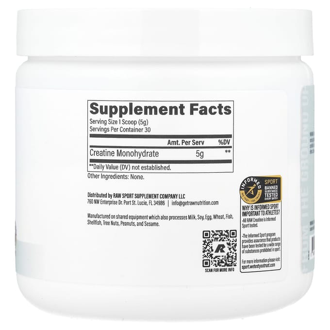 Raw Nutrition, Monohydrate de Créatine, Non aromatisé, 5,30 oz (150 g)