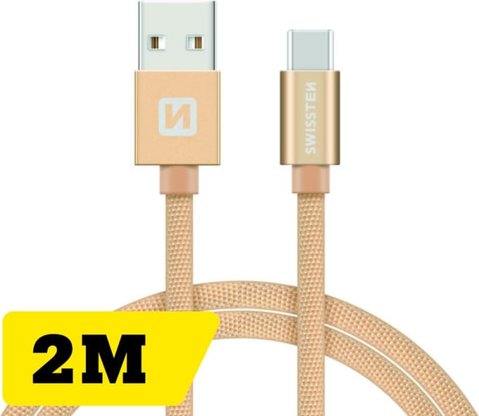 Swissten USB-C naar USB-A Oplaadkabel - Extra Lang 2M - Gevlochten - Snellaadkabel & Datakabel - Goud