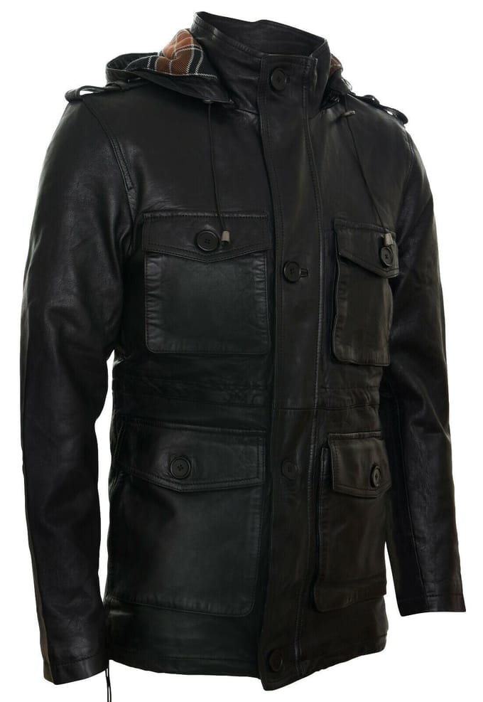 Leren trenchcoat met meerdere zakken en capuchon