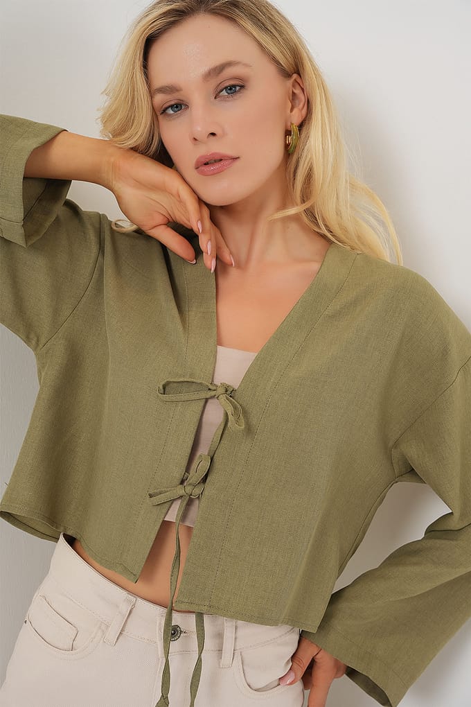 Viscose Blend V-Hals Lange Mouw Kimono met Binding Detail