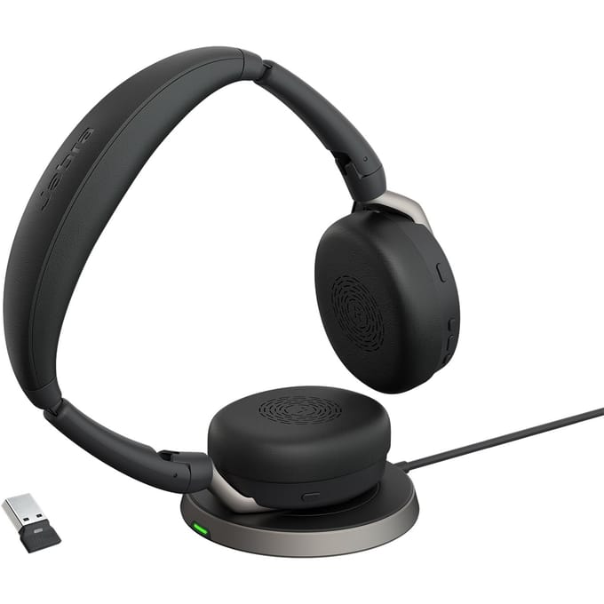 Jabra Evolve2 65 Flex Link380c MS + Ladepad On Ear headset Bluetooth Stereo Zwart Noise Cancelling Headset, Microfoon uitschakelbaar (mute),