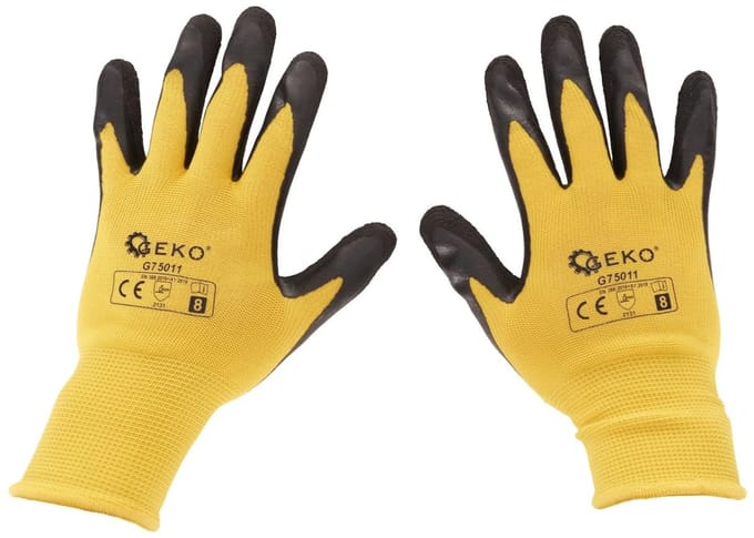 GEKO Elastische werkhandschoenen - latexcoating - maat 8 - geel - 12 stuks