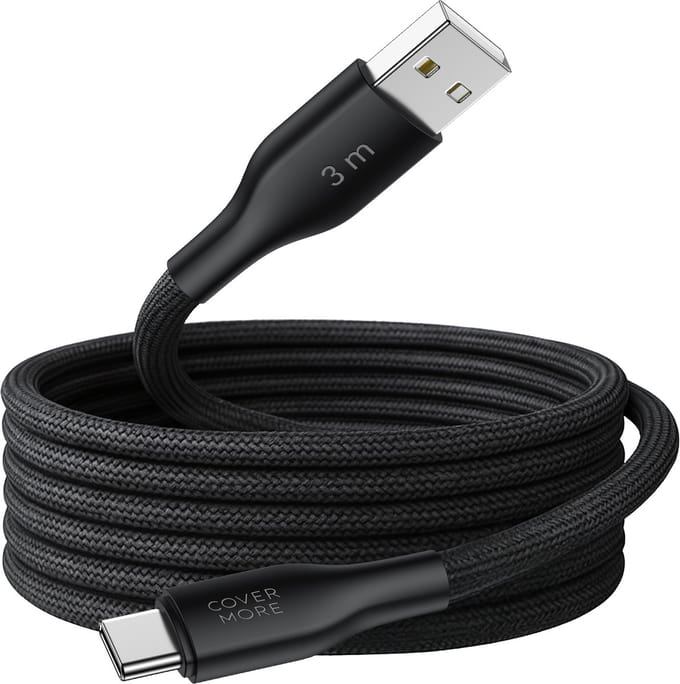 Usb C kabel - 3 meter - Usb A naar usb C - Geschikt voor android smartphone en tablet - Oplaadkabel - Datakabel - Lang - Stevig - Nylon - Zwart