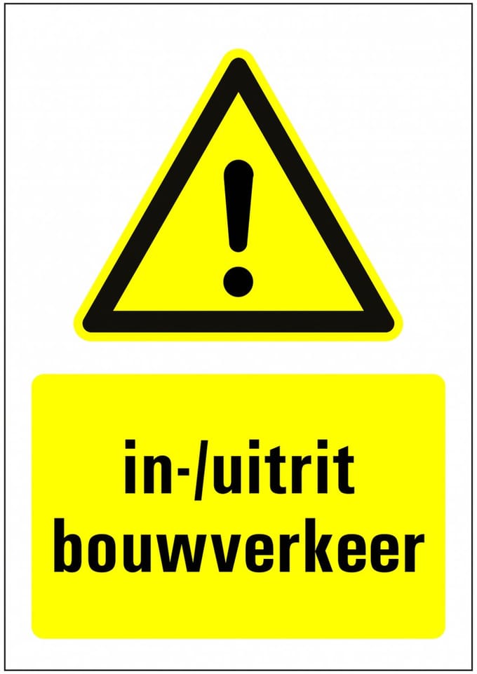Pas op in-/uitrit bouwverkeer sticker met tekst 297 x 420 mm