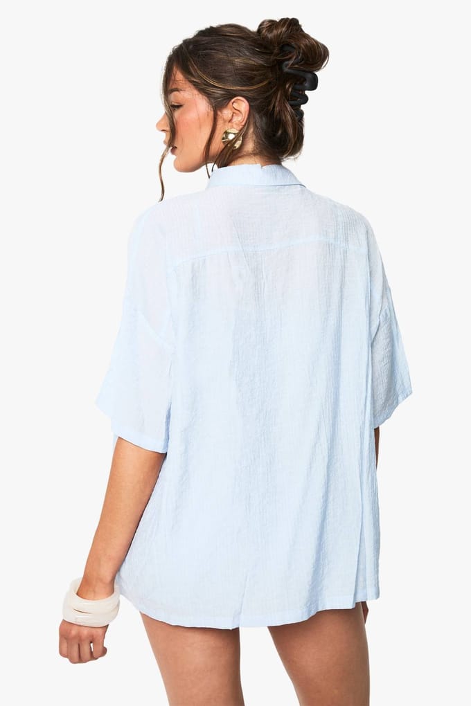 boohoo Dames Textuurgestreept overhemd met korte mouwen | Babyblauw | Maat: 34