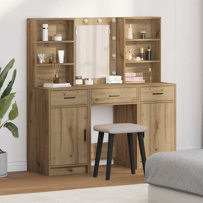 vidaXL - Dressing - tafel - set - met - LED - 3 - st - Artisan - Eiken - Bewerkt - hout