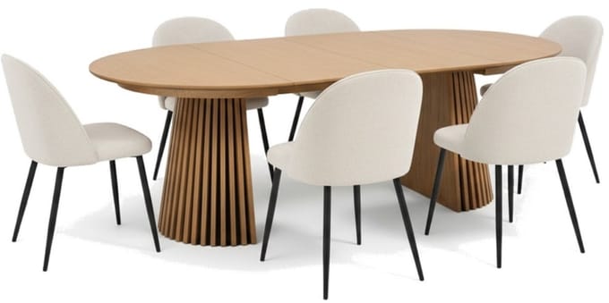 Tokyo eethoek eettafel natuur, 6 stoelen met beige ribfluweel bekleding.