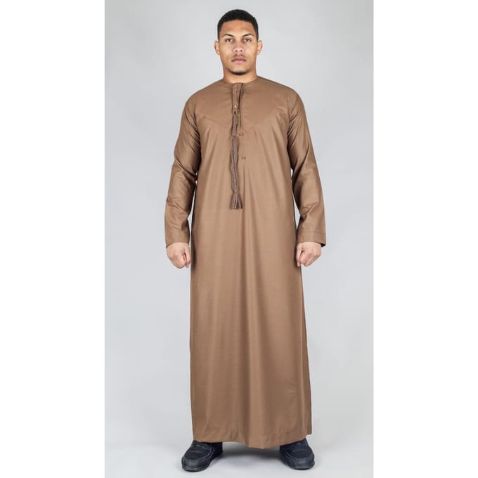 Bruine Thobe Emirati islamitische Jubba-jas voor heren Eid-kwast, normale pasvorm