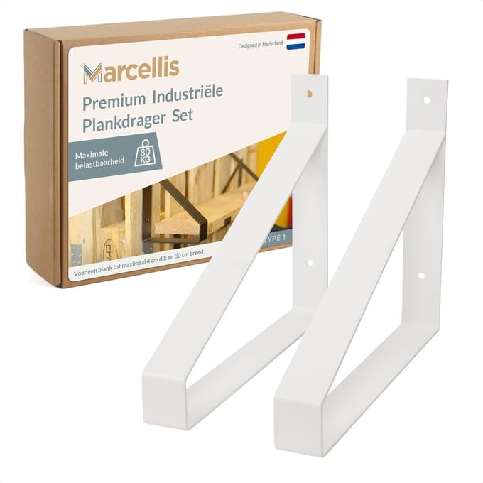 Marcellis - 2x Industriële plankdrager XL - Voor plank 30cm + schroefset - mat wit - staal - T1