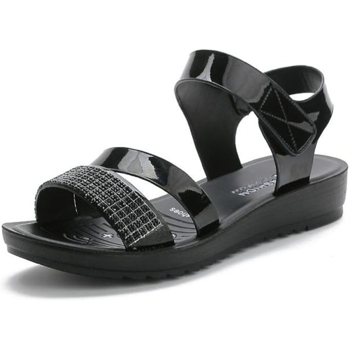 Zomer Platte Damesschoenen Mode Middelbare Leeftijd Dames Strass Antislip Zachte Zool Alles-Match Dames Sandalen 38 black
