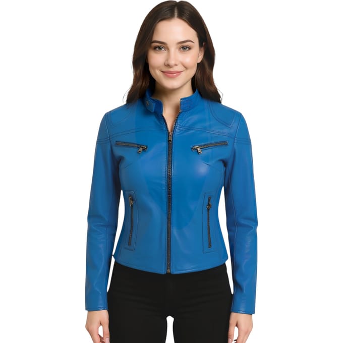 Dames blauw casual slim-fit leren bikerjack - Tulsa