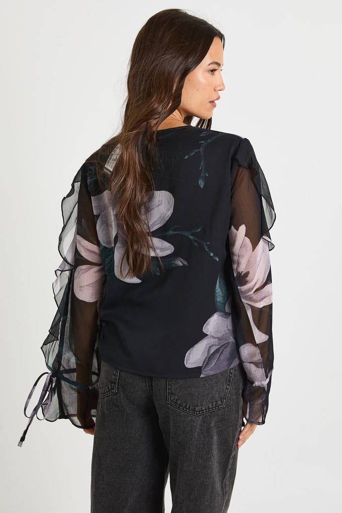 boohoo Dames Bloemen chiffon blouse met strik aan de voorkant | Black | Maat: 6