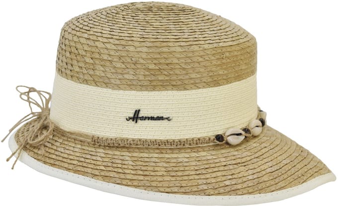 Herman chapeau été en paille naturelle bicolore avec ceinture en raphia et perles
