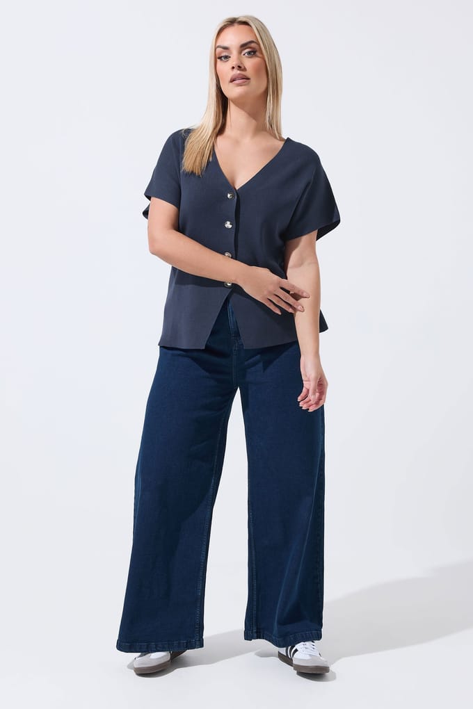 Limited Collection Marineblauwe Gebreide Top Met Korte Mouwen Size 44