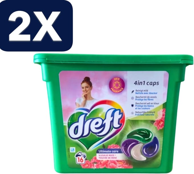 2 x Dreft - Wasmiddelcapsules 4in1 - Witte en Gekleurde Was - Vleugje Roze - 16 Wasbeurten