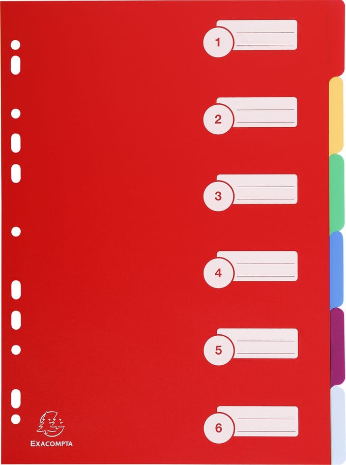 Exacompta 25x Tabbladen in stevige Ondoorzichtige PP - 6 tabs - A4 - Geassorteerd - 4906E