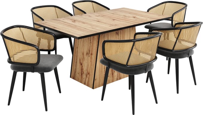 Serie Noor - 6 Stuks Eetkamerstoelen - Fluwelen Zitting & Rotan Rugleuning - Modern Design & Multifunctioneel