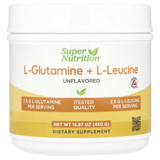 Super Nutrition, l-Glutamine + l-Leucine, Ongezoet, 15,87 oz (450 gram)