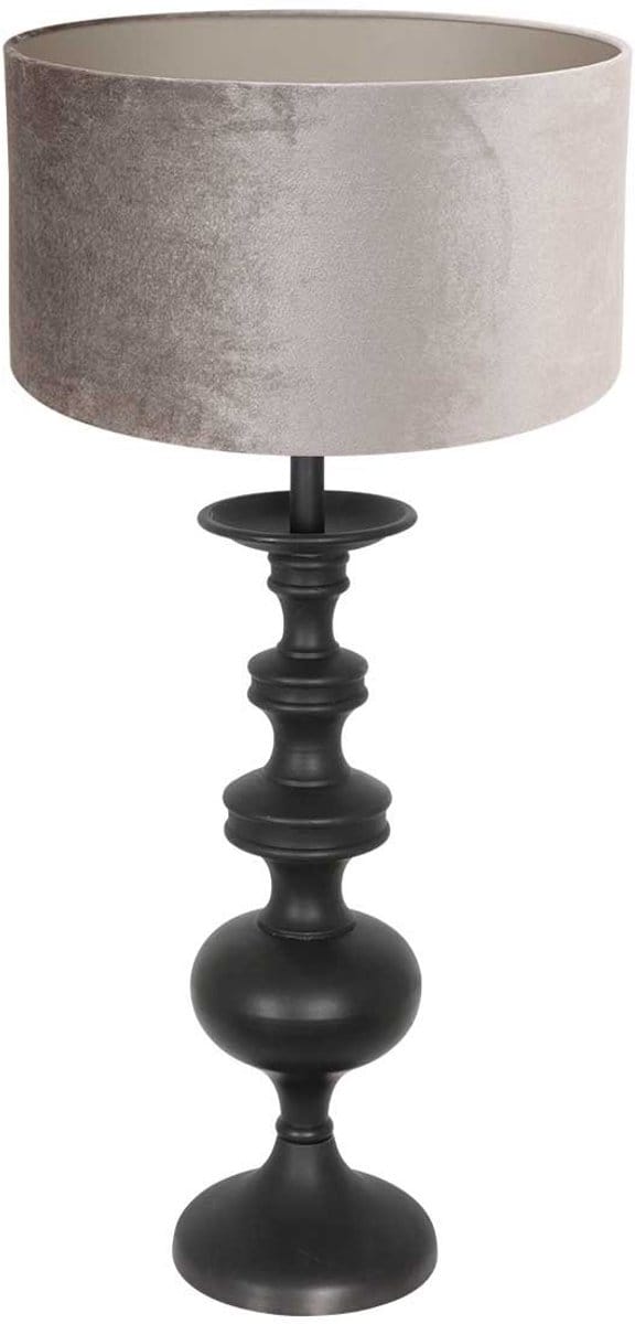 Tafellamp Lyons 3483ZW Zwart met grijs velours kap en snoer schakelaar, Hout en textiel, 58 cm hoog en 15 cm diameter, Anne Light Home