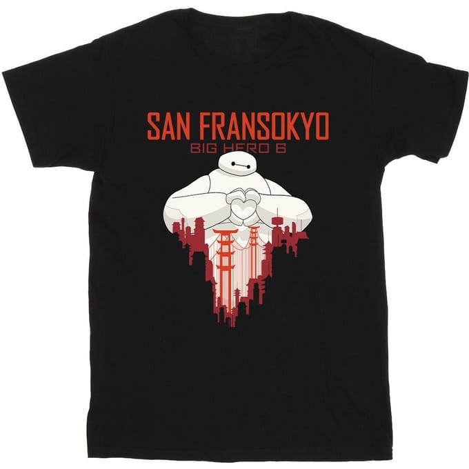 Disney Heren Big Hero 6 Baymax San Fransokyo Hart T-Shirt (Zwart)