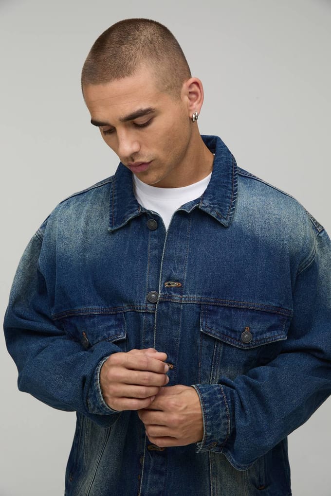 Boxy Oversized Washed Denim Jacket | Mid Wash | Size Medium