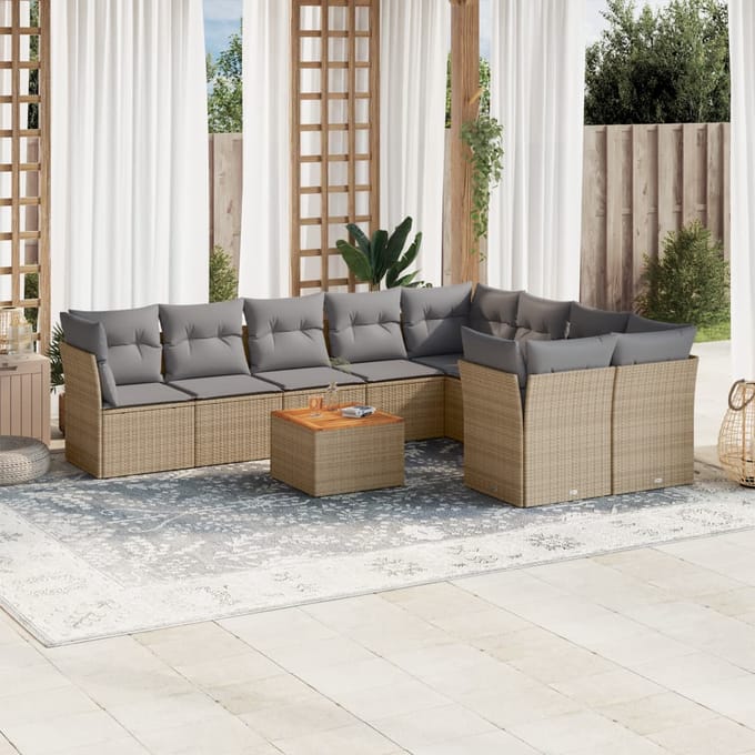vidaXL - 10-delige - Loungeset - met - kussens - poly - rattan - beige